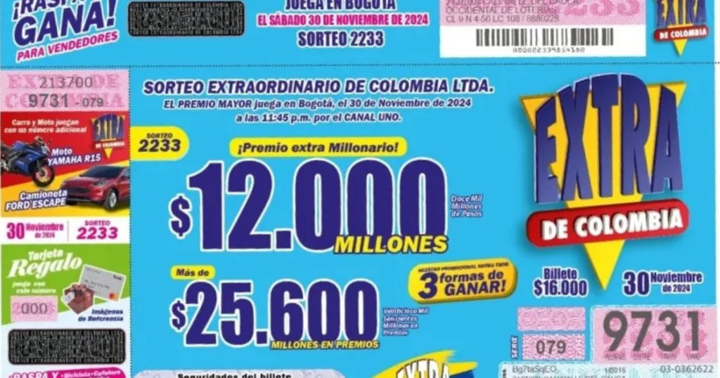 Sorteo EXTRAORDINARIO paga $12.000 millones, 30 de noviembre