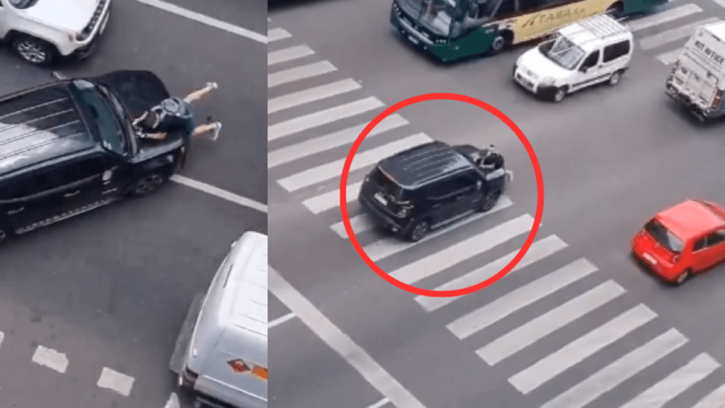 intentó huir con la víctima colgada al capó del carro