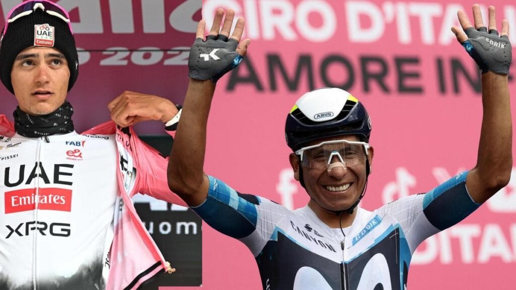 Nairo Quintana le da un gesto de cariño y admiración de Isaac del Toro, líder del Giro de Italia