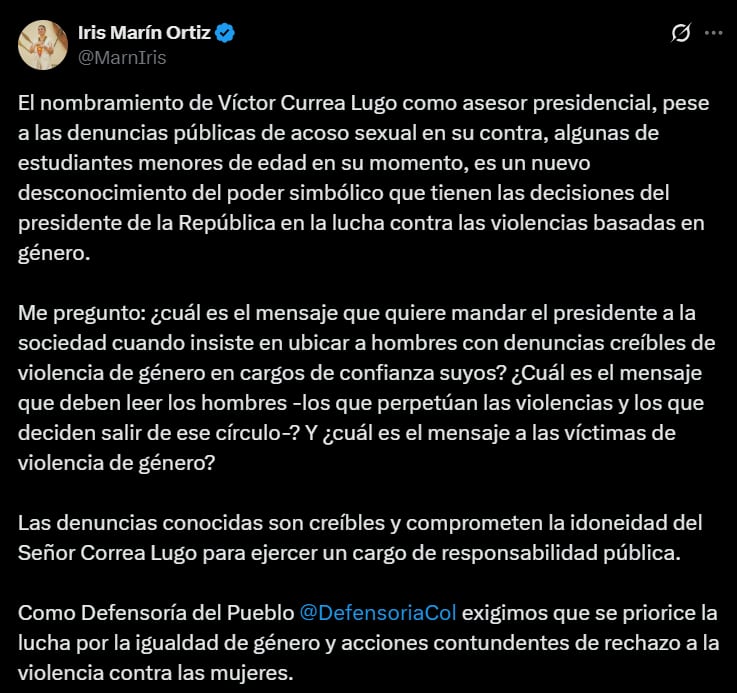 Iris Marín cuestionó la presencia de Currea Lugo como asesor en el Dapre - crédito @MarnIris / X