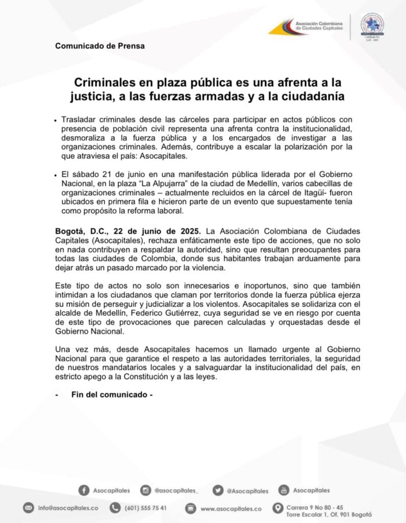Asocapitales rechaza el traslado de jefes criminales al evento del presidente Petro en Medellín