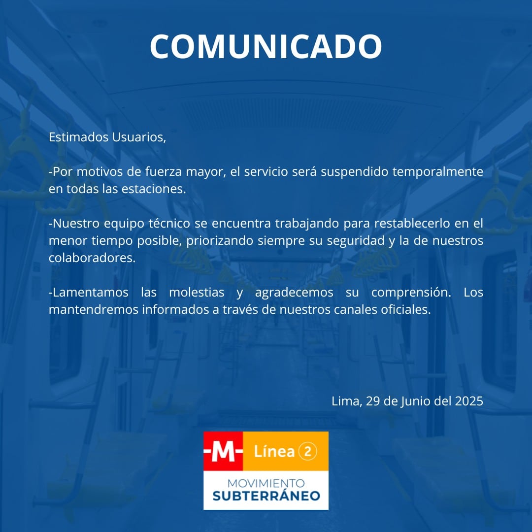 Comunicado de la Línea 2 del Metro de Lima.