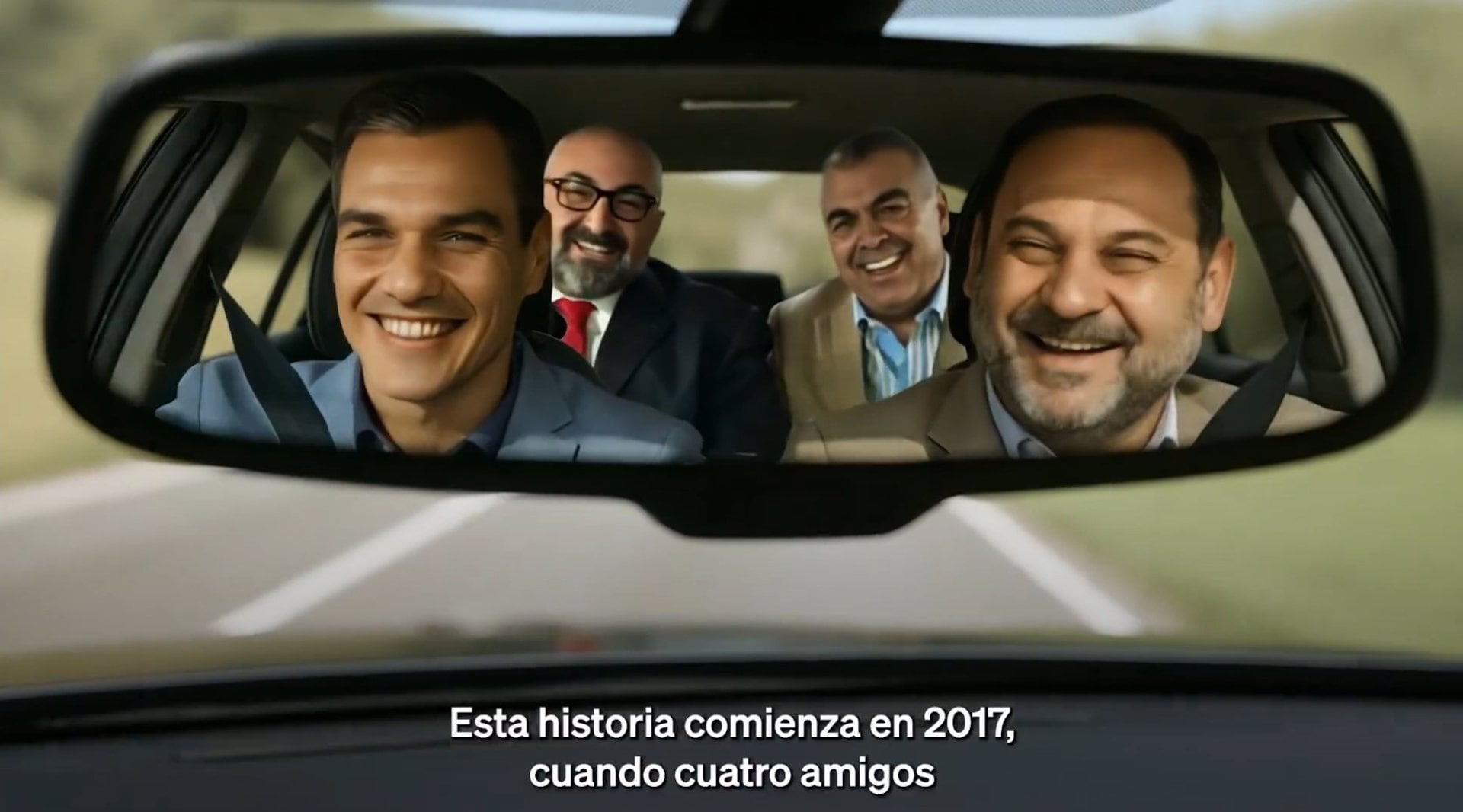 Imagen generada a través de Inteligencia Artificial (IA) por el Partido Popular en la que figuran Pedro Sánchez, José Luis Ábalos, Koldo García y Santos Cerdán dentro de un coche. (PARTIDO POPULAR/X)
