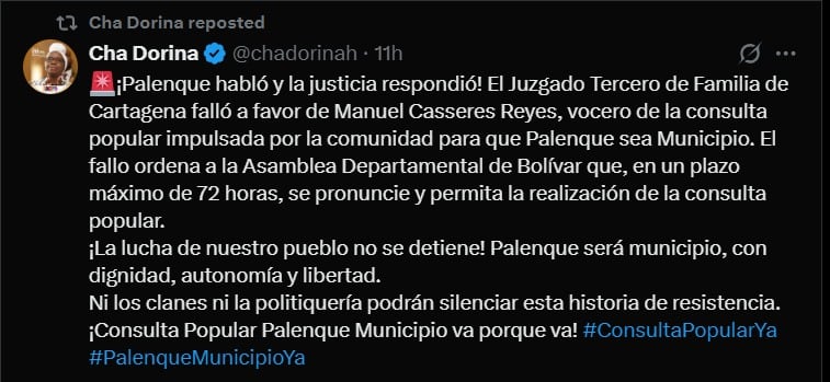 Una consulta popular definirá el futuro del corregimiento, reconocido internacionalmente por su historia de lucha por la libertad y su rico legado cultural - crédito @chadorinah / X