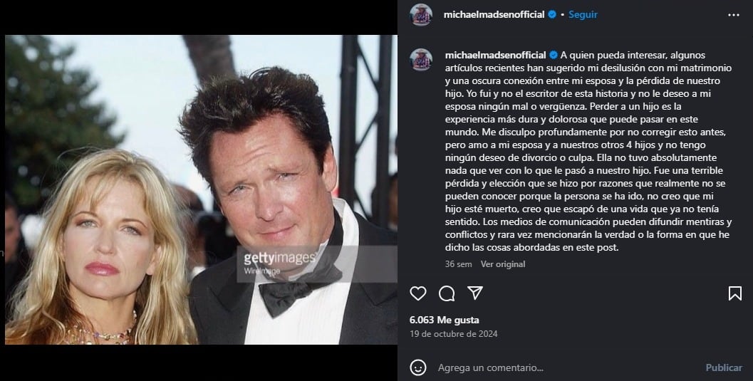 Michael Madsen se disculpó públicamente con su esposa mediante un comunicado de redes sociales. (Instagram/Michael Madsen)