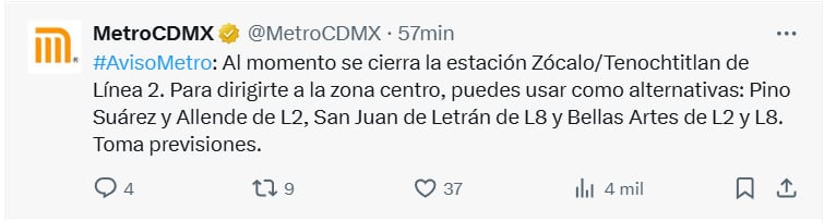 El metro informó que la estación Zócalo de la línea 2 se encuentra cerrada. Imagen cuenta de X @MetroCDMX.
