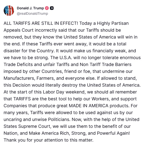 Mensaje de Trump en la red social Truth tras conocerse el fallo.