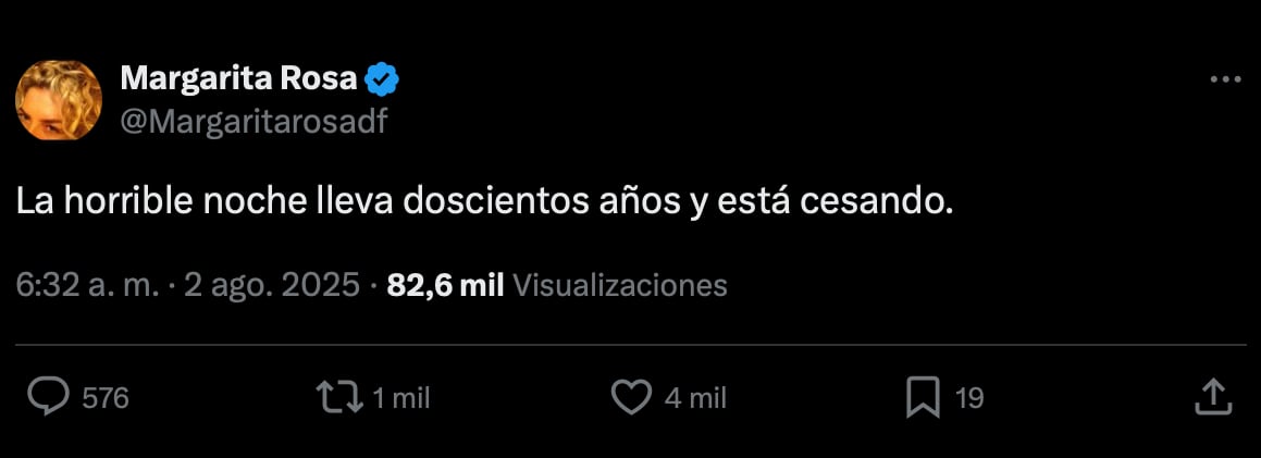 La actriz no dudó en expresar públicamente su opinión tras conocerse la sentencia de doce años de prisión domiciliaria por los delitos de soborno en actuación penal y fraude procesal impuesta al exmandatario - crédito @Margaritarosadf / X