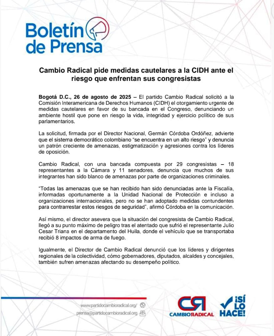 La solicitud de medidas cautelares de Cambio Radical ante la Comisión Interamericana de Derechos Humanos revela la creciente vulnerabilidad de los congresistas opositores y plantea interrogantes sobre la solidez institucional del país - crédito Cambio Radical