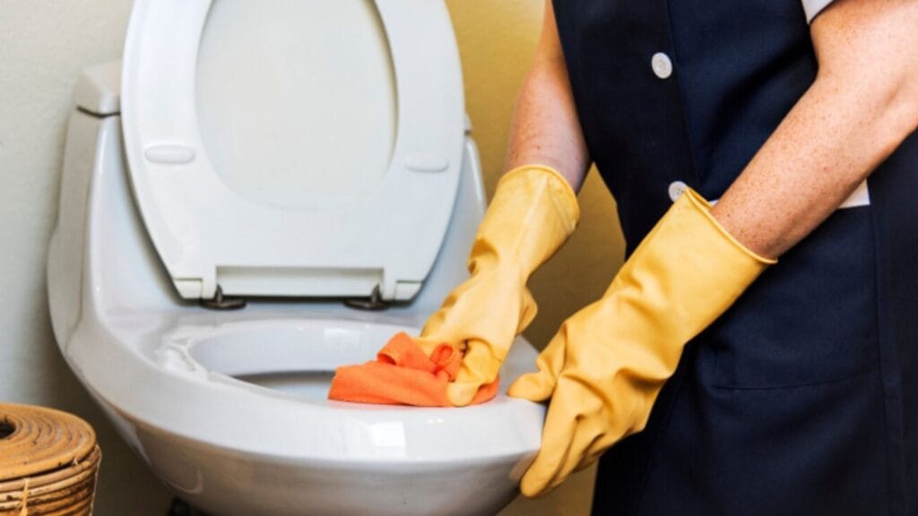Imagen alternativa en la que una persona limpia el retrete