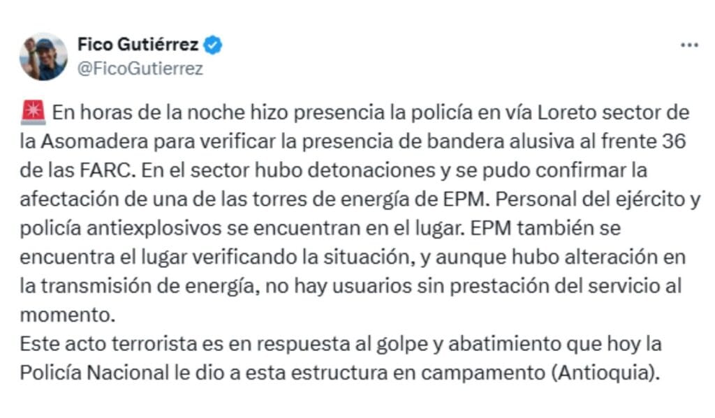 Federico Gutiérrez confirma explosión en Medellín