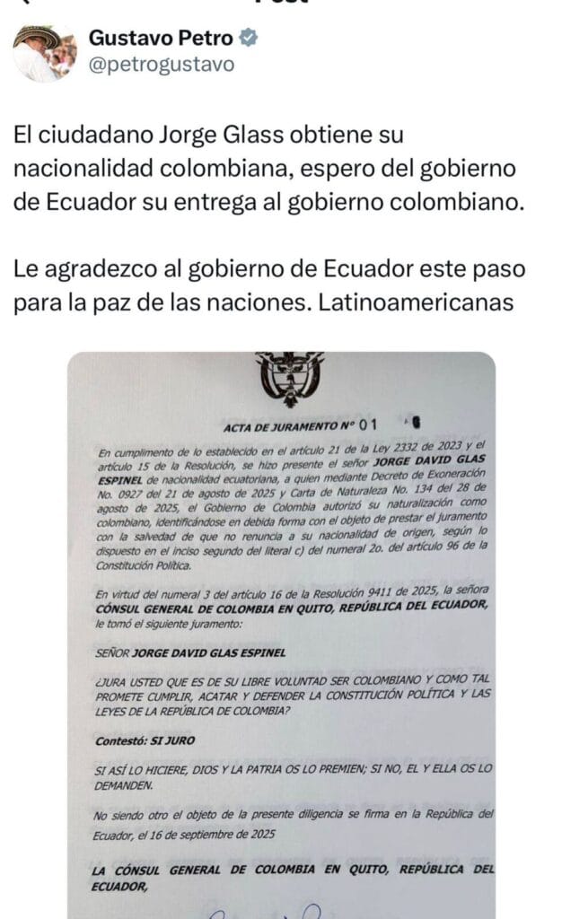 El mandatario afirmó que el exvicepresidente de Ecuador recibió la nacionalidad colombiana - crédito @Petrogustavo/X