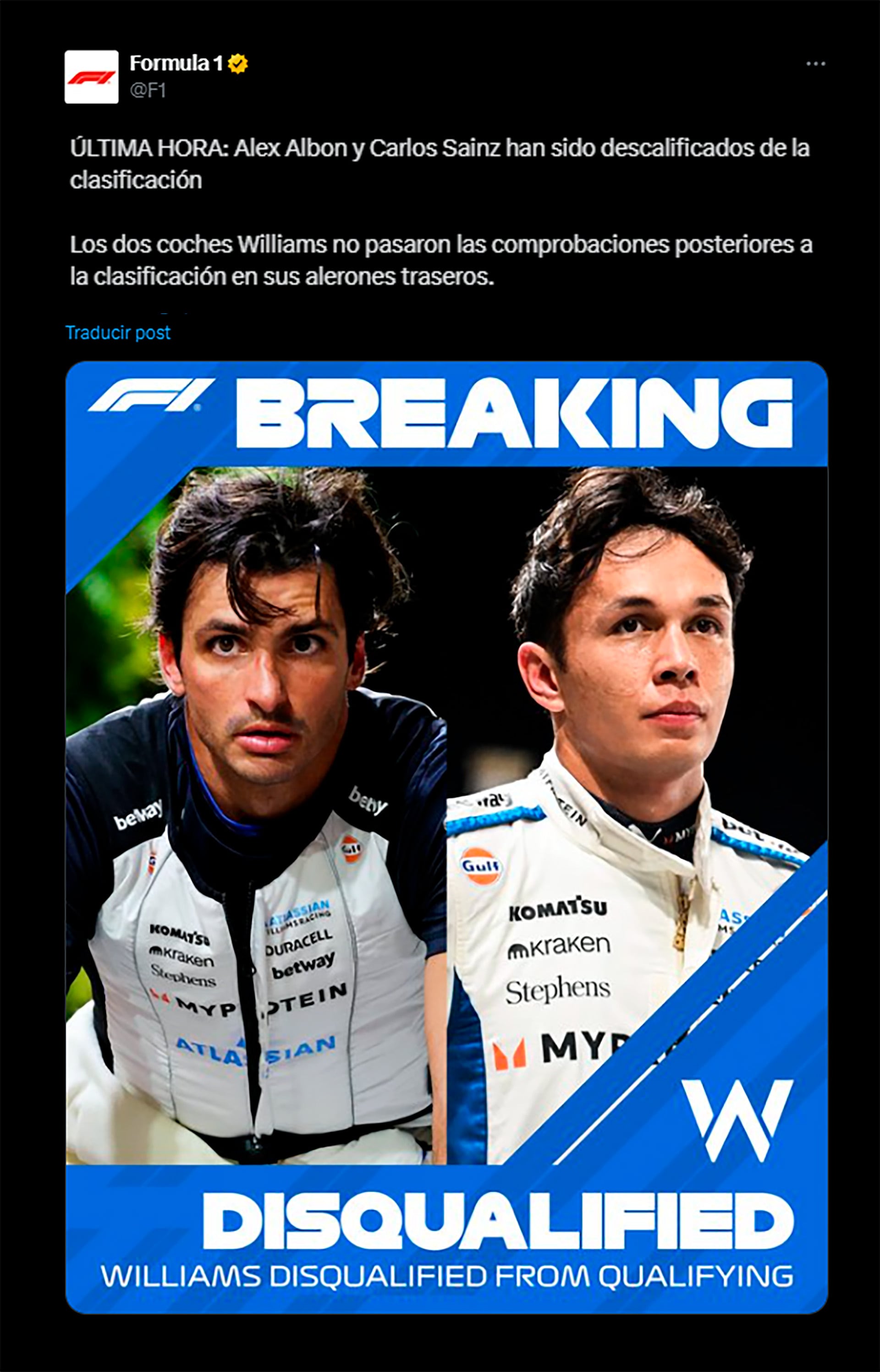 Los dos coches de Williams largarán desde el fondo del pelotón