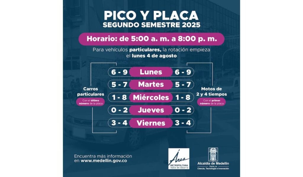 Pico y placa en Medellín para el segundo semestre de 2025