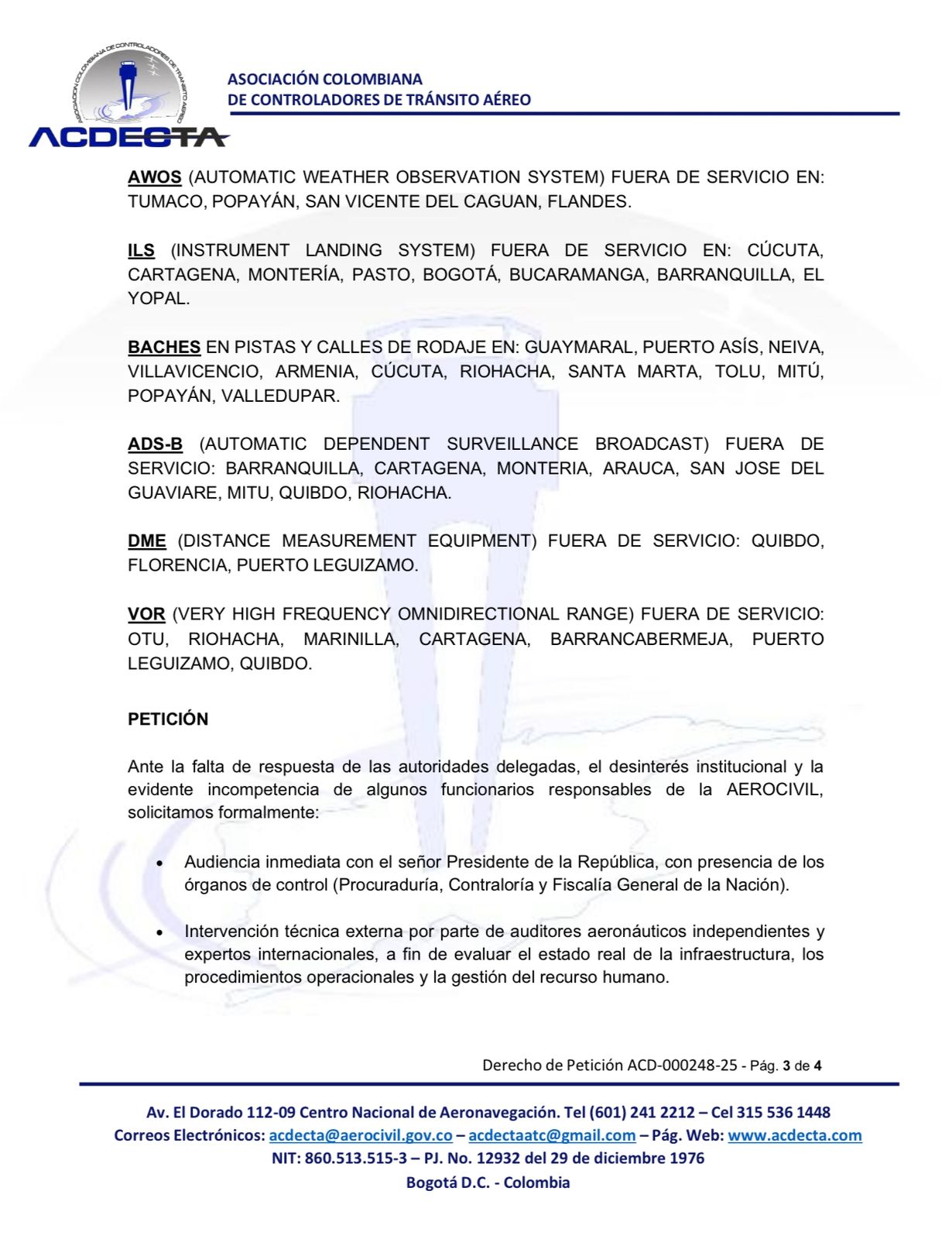 Carta Acdecta, Petro, Aerocivil