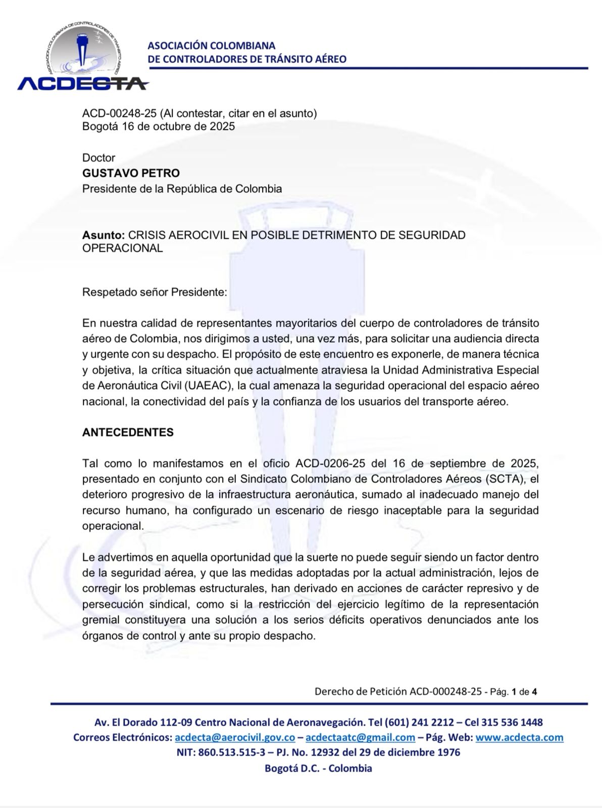Carta Acdecta, Petro, Aerocivil