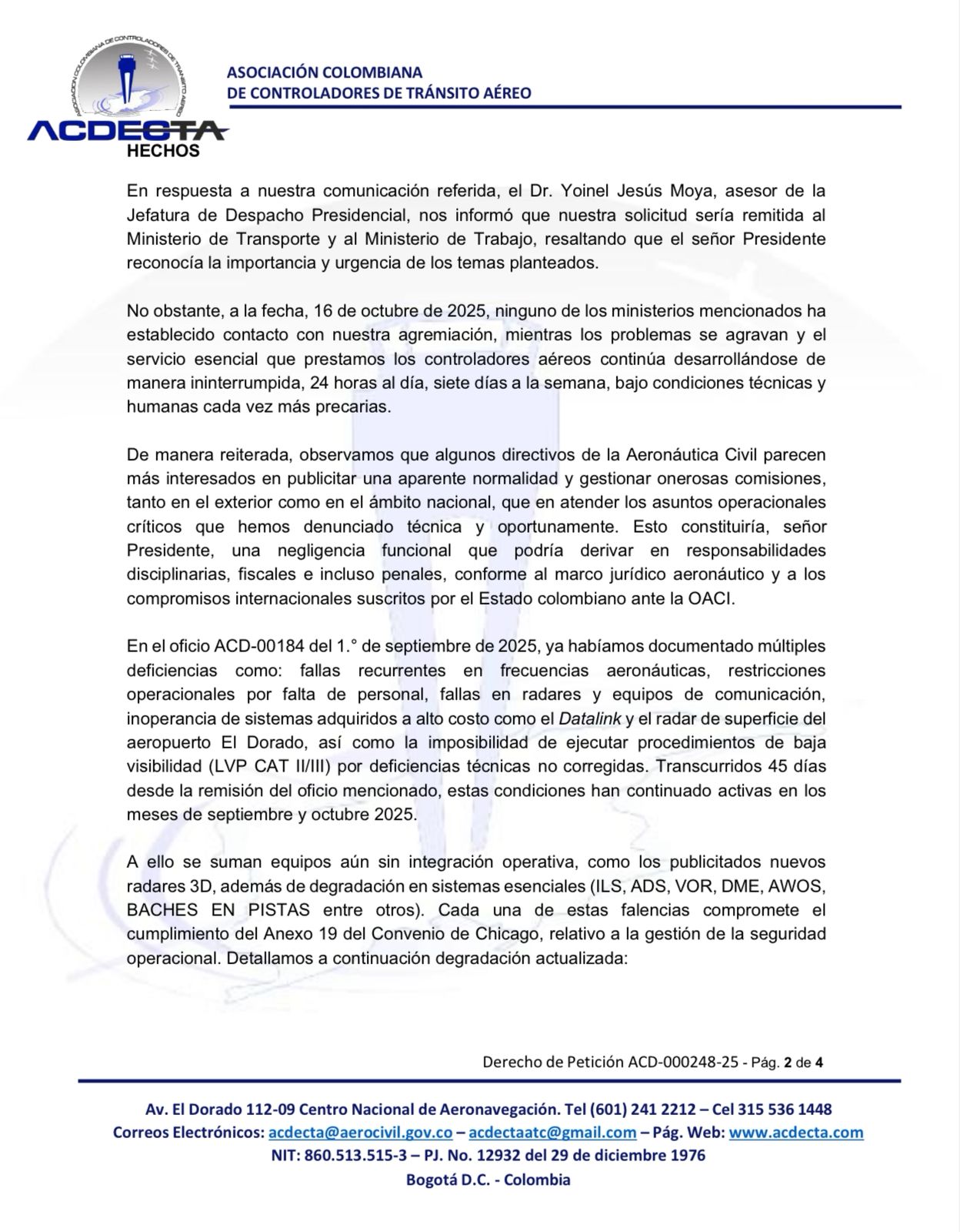 Carta Acdecta, Petro, Aerocivil