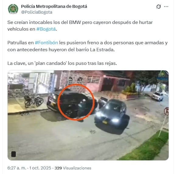 Uno de los robos ocurrió en el sector de Mandalay (Kennedy), pero el operativo que dio con los detenidos se dio en Fontibón, tras un reporte de un hurto a un vehículo en Engativá - crédito @PoliciaBogota/X