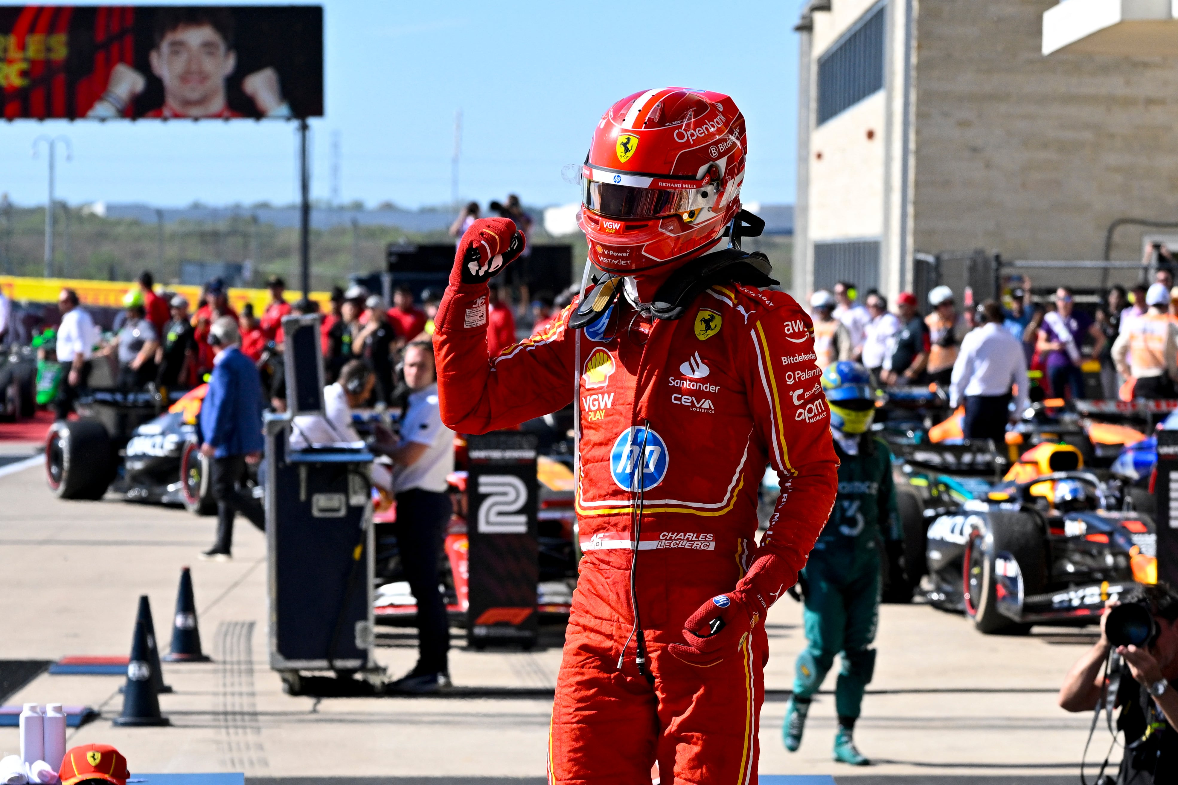 Leclerc celebró en Austin en 2024 (Jerome Miron-Imagn Images)