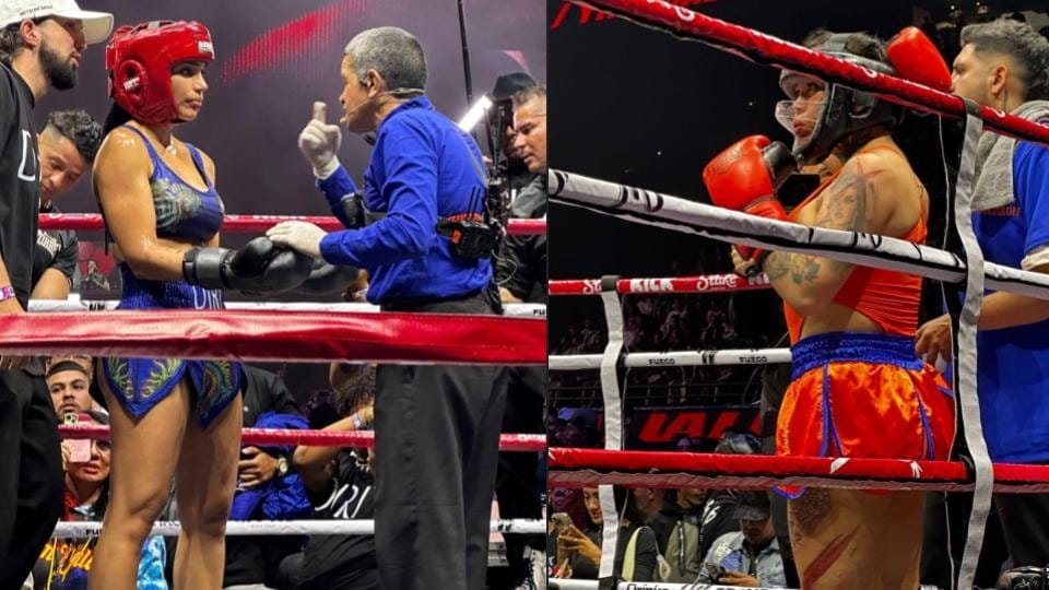 La pelea estelar de 'Stream Fighters 4' entre Andrea Valdiri y Yina Calderón en el Coliseo Medplus duró apenas 20 segundos, lo que aguantó la huilense antes de quitarse los guantes y retirarse - crédito @stream_fighters/Instagram