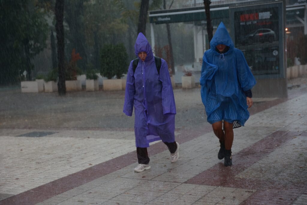 Imágenes de sevillanos refugiándose de la lluvia torrencial y el fuerte viento, que la capital hispalense ha sufrido en la jornada de hoy, a 29 de octubre de 2025, en Sevilla (Andalucía, España). (Rocío Ruz/Europa Press)