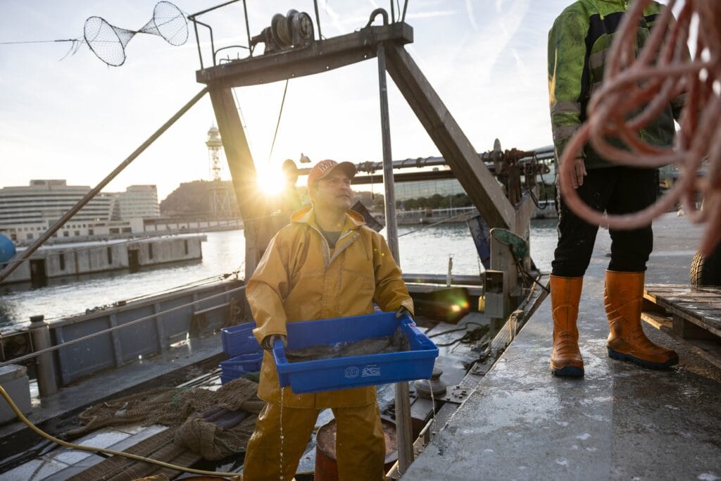 Pescadores descargan pescado en el muelle de los pescadores del Port Vell de Barcelona.