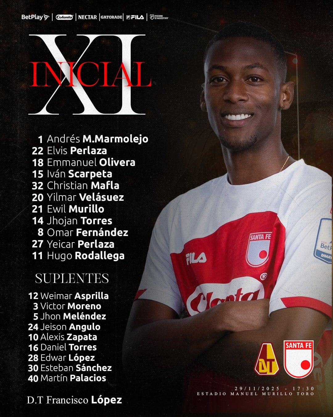 Alineación de Santa Fe en Ibagué, donde se medirá con el Tolima por cuadrangulares - crédito Santa Fe