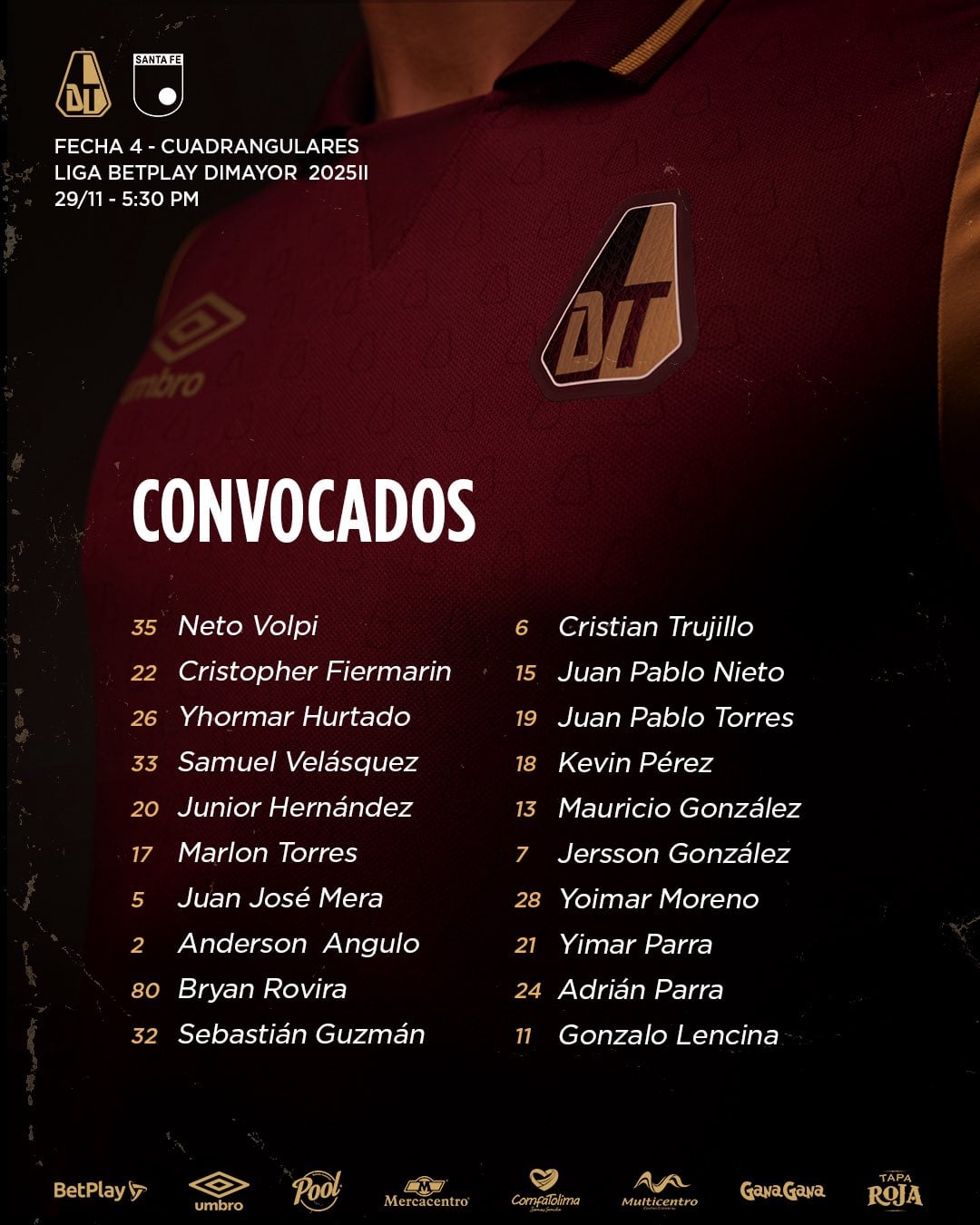 Lista de convocados del Tolima para su partido ante Santa Fe en Ibagué - crédito Deportes Tolima