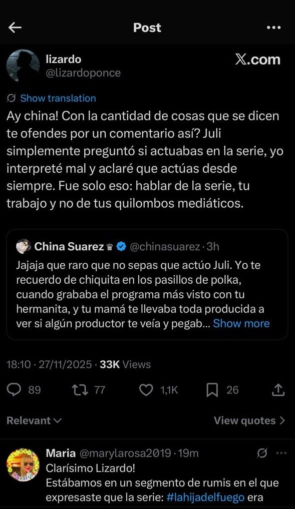 La respuesta de Lizardo Ponce ante el cruce de la China Suárez con Julieta Poggio (X)