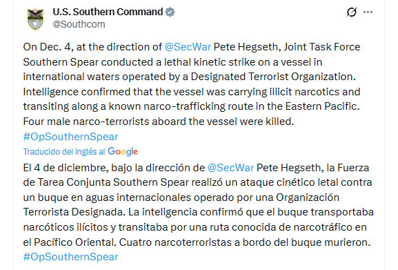 El comunicado del Comando Sur de Estados Unidos