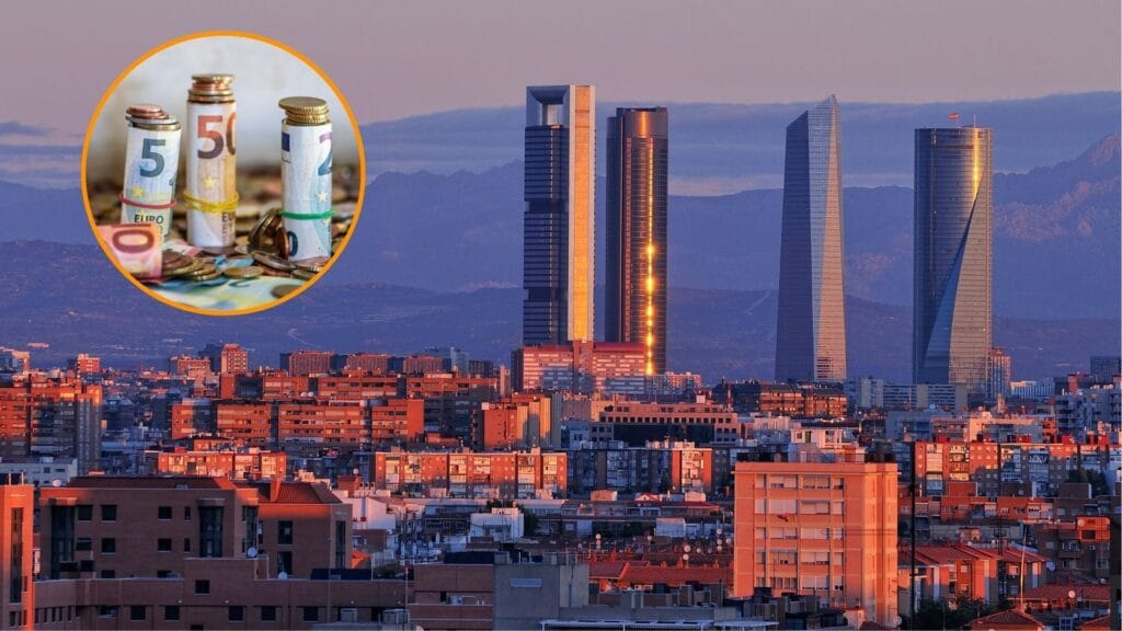 'Skyline' de la ciudad de Madrid donde destacan las Cuatro Torres (Montaje Infobae con imágenes de Canva)