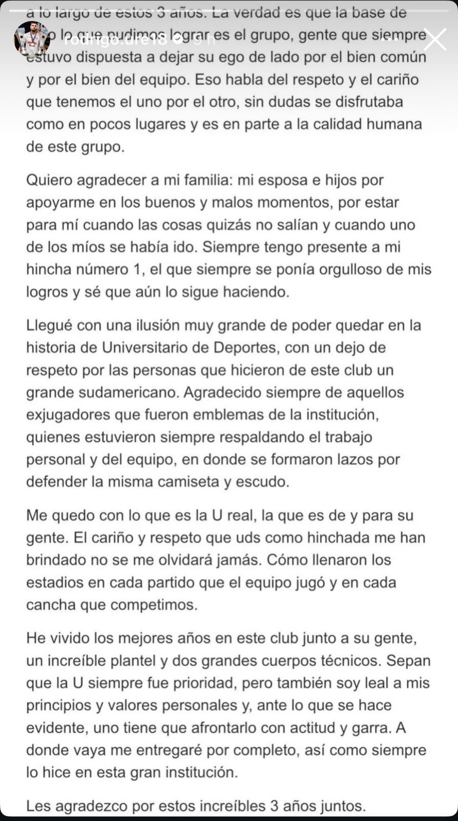 El post de despedida de Rodrigo Ureña tras confirmarse su salida de Universitario.