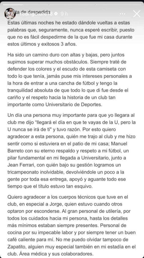 El post de despedida de Rodrigo Ureña tras confirmarse su salida de Universitario.