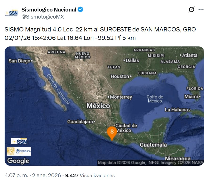 Múltiples replicas de alrededor de 4.1 de magnitud. se registraron en el Estado de Guerrero. (X/ @SismologicoMX)