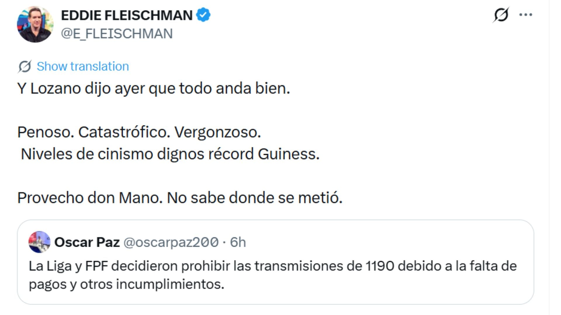 Eddie Fleischman y su fuerte cuestionamiento a Agustín Lozano por nuevos problemas de derechos de transmisión de la Liga 1.