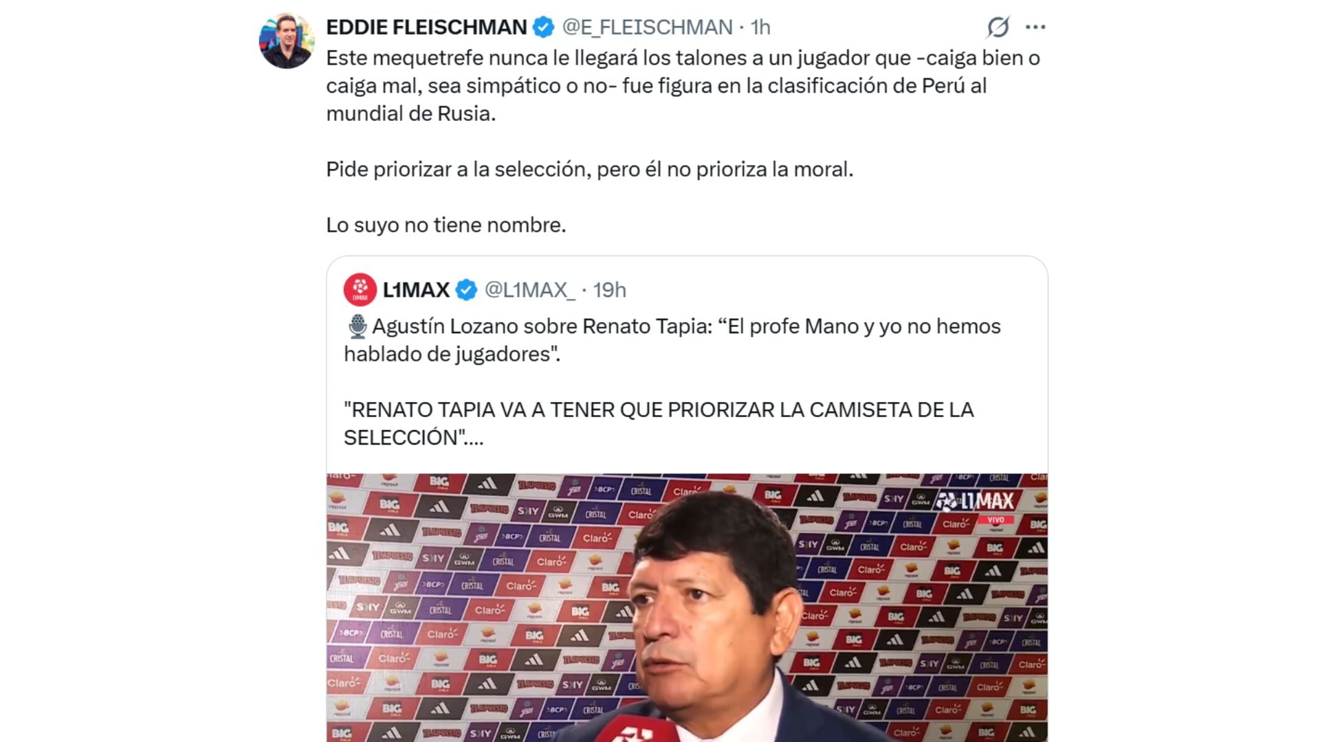 Eddie Fleischman salió en defensa de Renato Tapia y tuvo fuertes calificativos para Agustín Lozano.