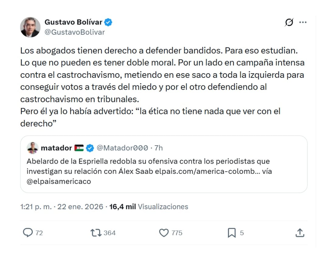 Con este mensaje en X, el exprecandidato presidencial Gustavo Bolívar lanzó duros dardos al aspirante Abelardo de la Espriella - crédito @GustavoBolivar/X
