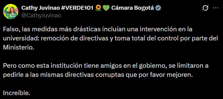 Catherine Juvinao afirmó que las decisiones del Ministerio no corresponden a la gravedad de las denuncias conocidas. - crédito @CathyJuvinao/X