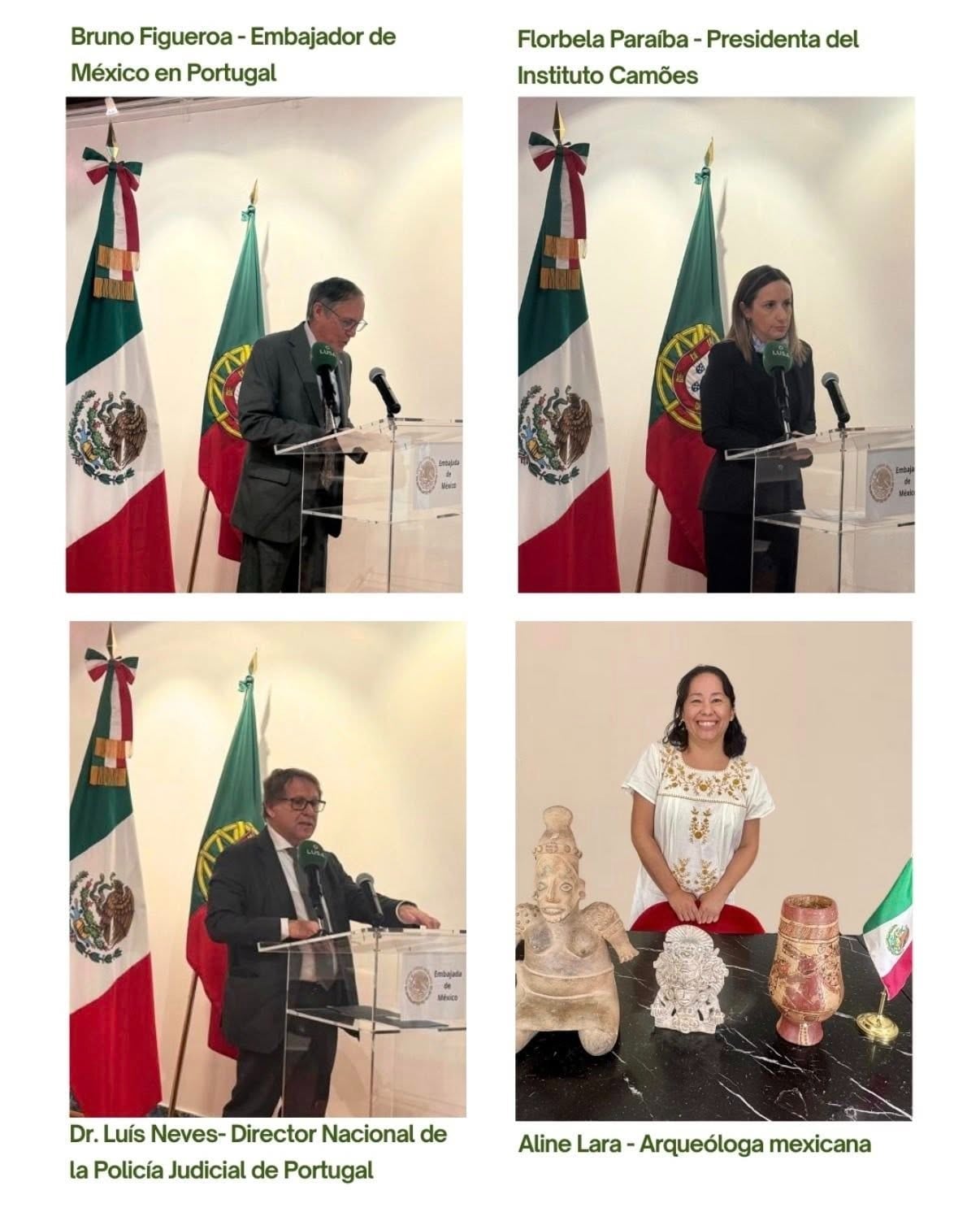 Autoridades portuguesas y mexicanas celebran la restitución de tres piezas arqueológicas prehispánicas a México, marcando un hito en la protección del patrimonio cultural. (Cortesía Secretaría de Cultura)