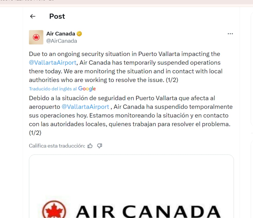 Una captura de pantalla muestra una publicación de Air Canada en Twitter anunciando la suspensión temporal de vuelos al Aeropuerto de Puerto Vallarta debido a una situación de seguridad. (Captura de pantalla)