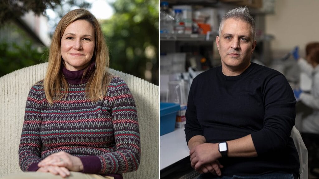 De izquierda a derecha, Audrey Sawyer, hidrogeóloga estadounidense, y Vincenzo Calvanese, investigador principal del laboratorio Blood Stem Cell Identity del IJC.