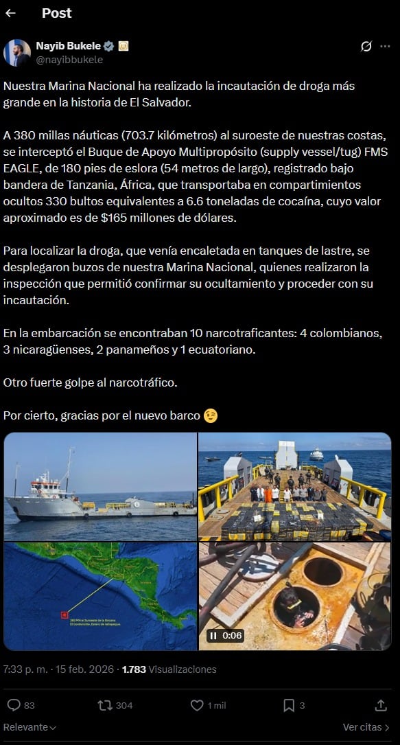 El barco transportaba 330 bultos equivalentes a 6.6 toneladas de cocaína - crédito captura de pantalla / X 