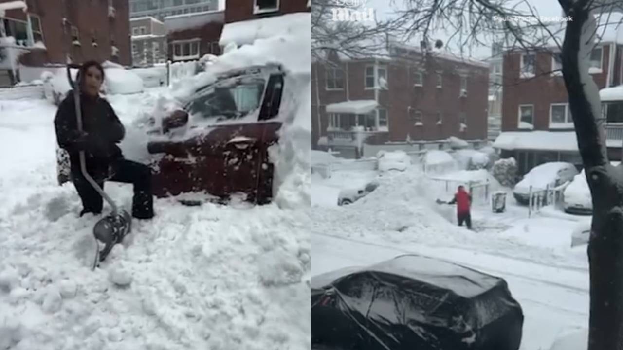 Paula Macias y su esposo trabajan juntos para desenterrar su Nissan Rogue, sepultado por un vecino en un acto de hostilidad que se volvió viral.