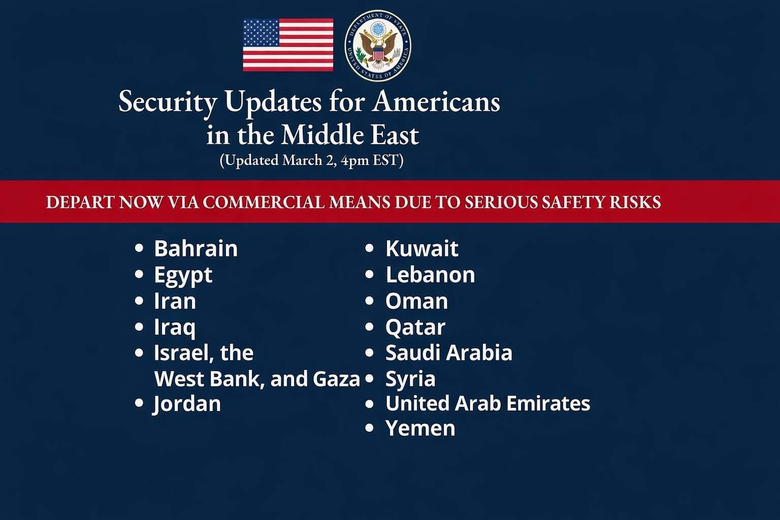 Washington urge a los estadounidenses a salir ya de gran parte de Oriente Medio