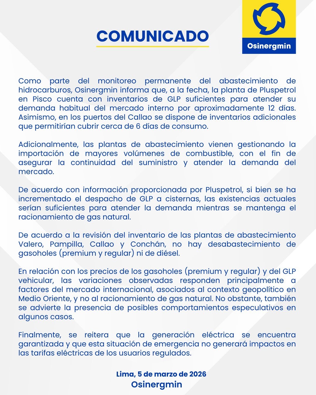 Osinergmin comunica el estado de inventarios de GLP y gasoholes, asegurando el abastecimiento de combustibles y la generación eléctrica en el país sin afectar las tarifas de usuarios regulados. (X / Osinergmin )