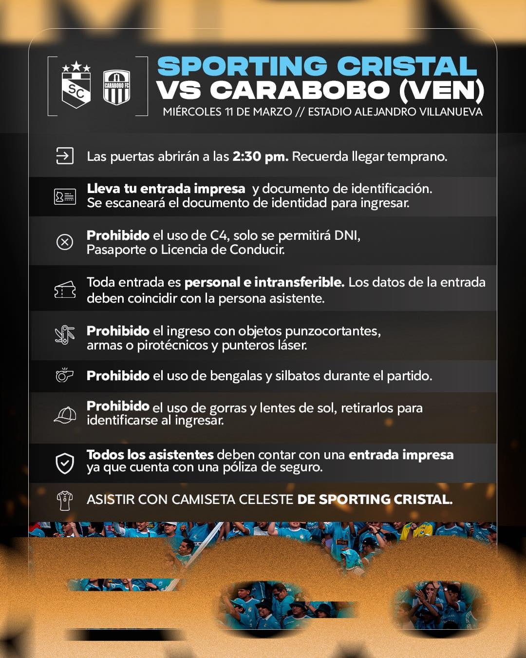 Las recomendaciones para los hinchas que acudan al Sporting Cristal vs Carabobo FC. - créditos: Sporting Cristal