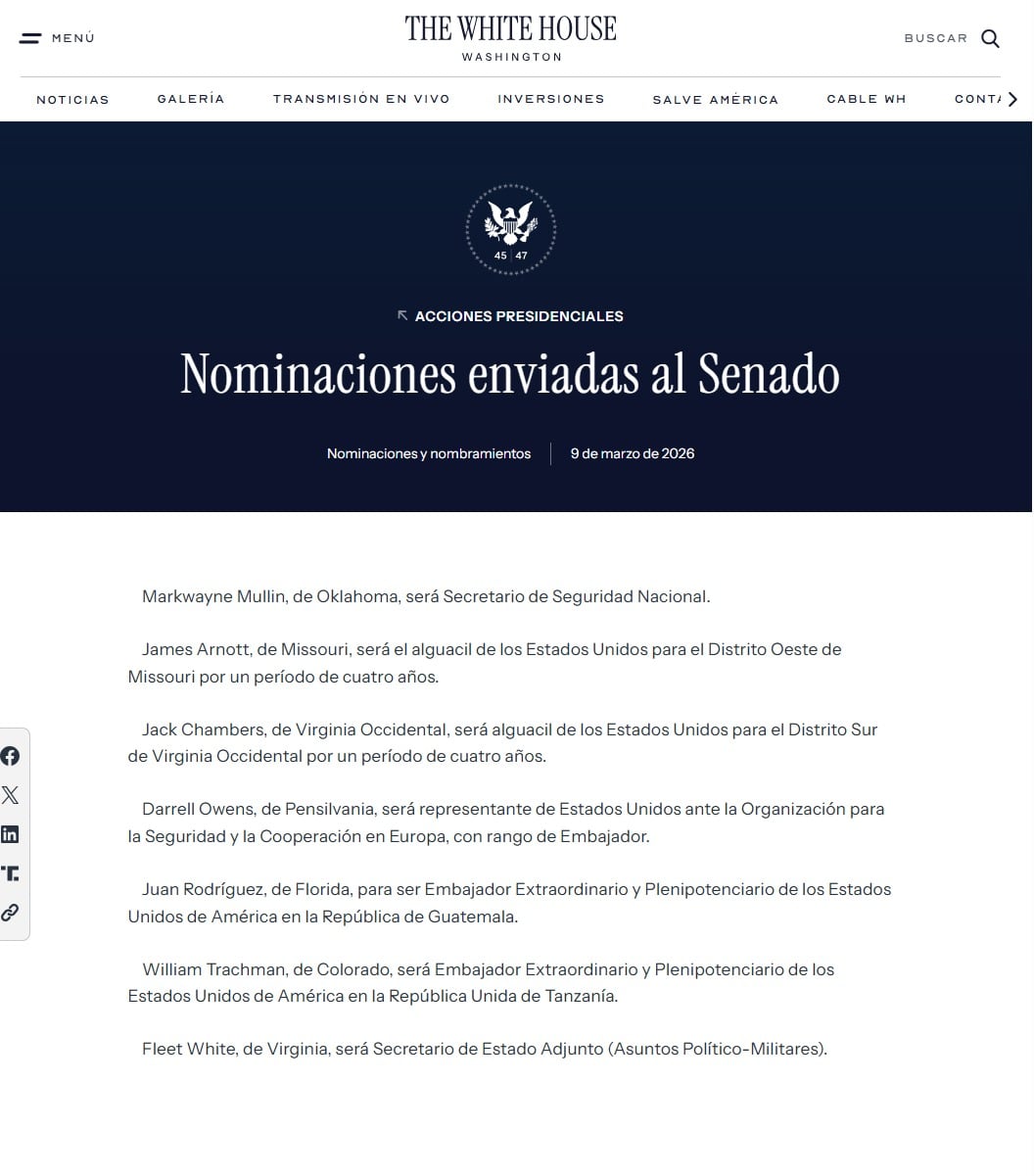 EE. UU. designó a Rodríguez, originario de Florida, como Embajador Extraordinario y Plenipotenciario para Guatemala. (Captura de pantalla del portal de la Casa Blanca)