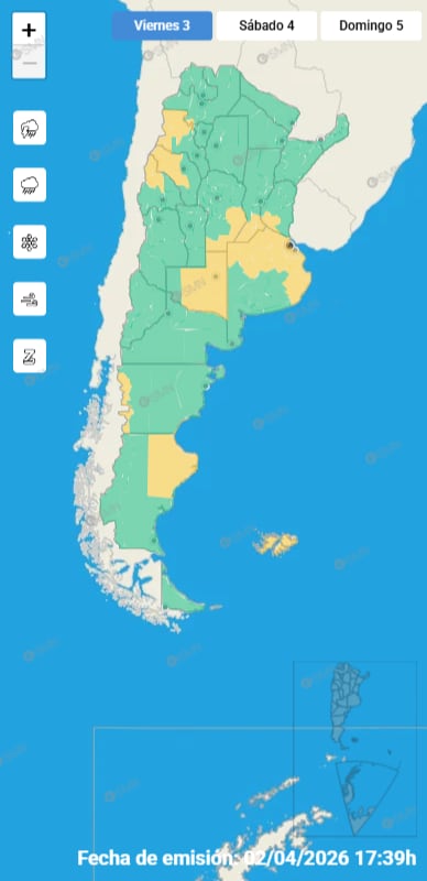 Las provincias con alertas meteorológicas del Servicio Meteorológico Nacional por posibles tormentas y vientos para los próximos días (Servicio Meteorológico Nacional)