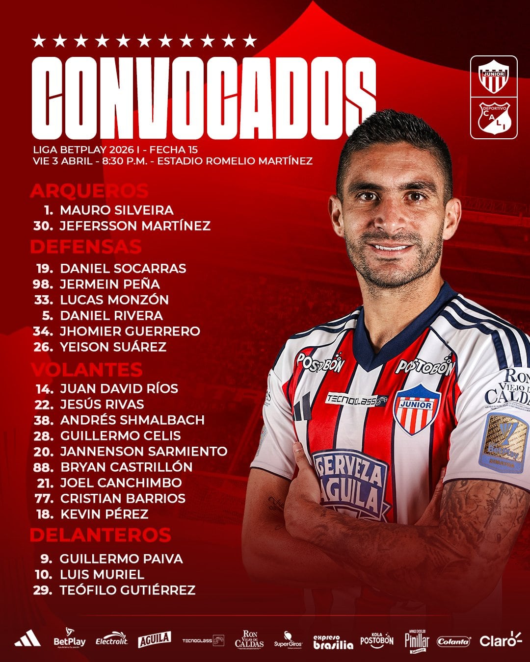 El volante encabeza la lista de convocados para el juego ante Deportivo Cali-crédito @JuniorClubSA/X