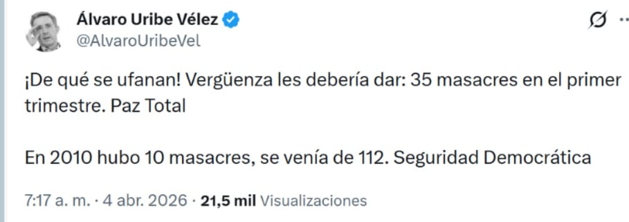 Álvaro Uribe cuestionó la política de “Paz Total” tras la publicación del informe sobre masacres - crédito @AlvaroUribeVel/ X
